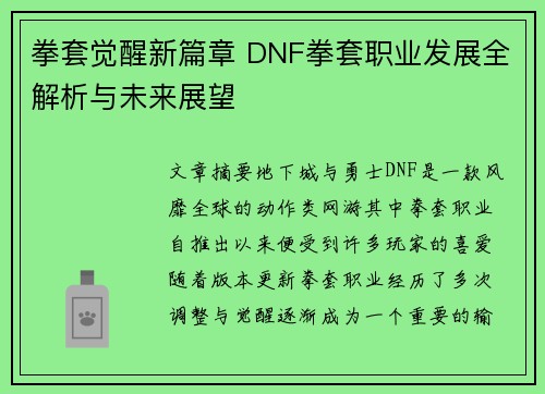拳套觉醒新篇章 DNF拳套职业发展全解析与未来展望